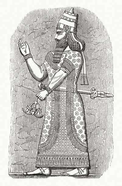 Assyrian king (ancient bas relief), wood engraving, published in 1862 vector art illustration