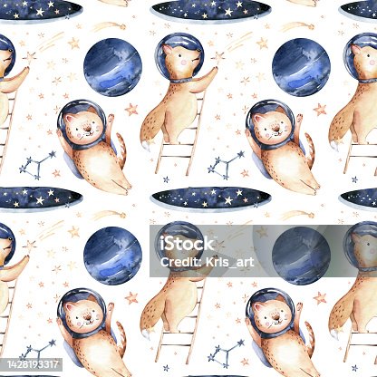 istock Astronaut seamless pattern. Universe kids Baby boy girl elephant, fox cat and bunny, space suit, cosmonaut stars, planet, moon, rocket and shuttle watercolor space ship background 1428193317
