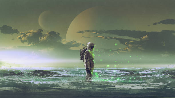 astronaut standing by the sea vector art illustration