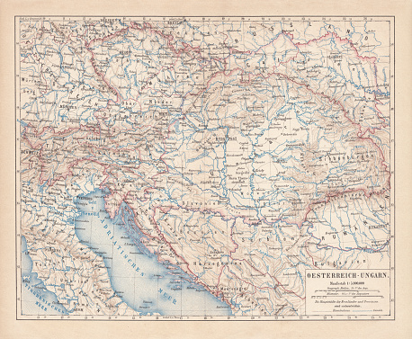 Ancient map of Austro-Hungarian Empire. Habsburg Monarchy. Lithograph, published in 1877.