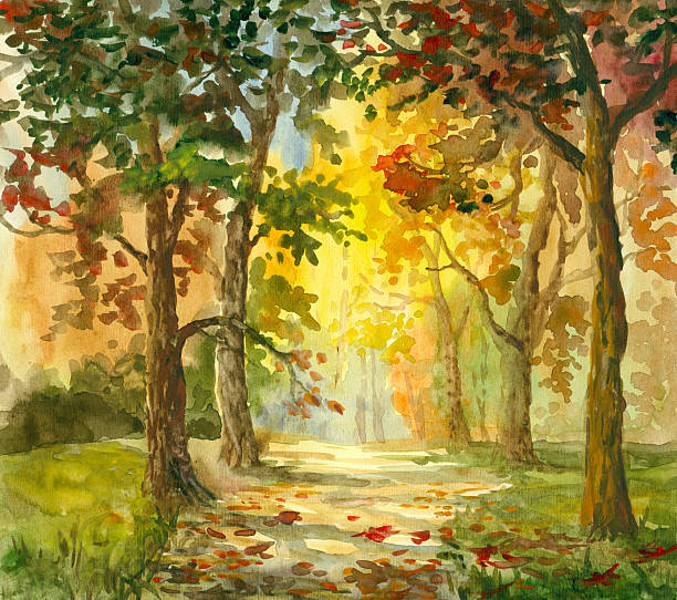 autumn alley Autumn solar day, path through park.Watercolour painting, created and painted by the photographer nature path stock illustrations