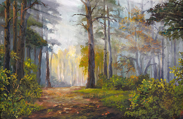 musim gugur pagi di hutan, lukisan akrilik