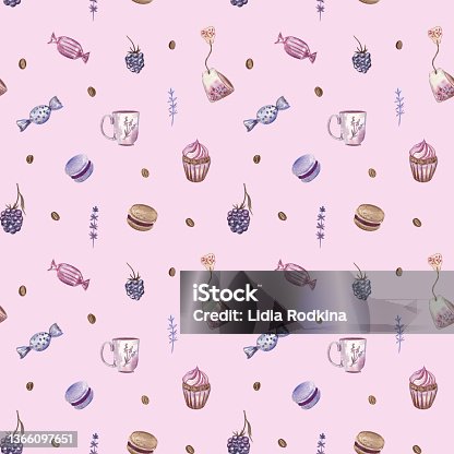 istock Baby pink seamless pattern with sweets, lavender, and berries painted with watercolors. 1366097651