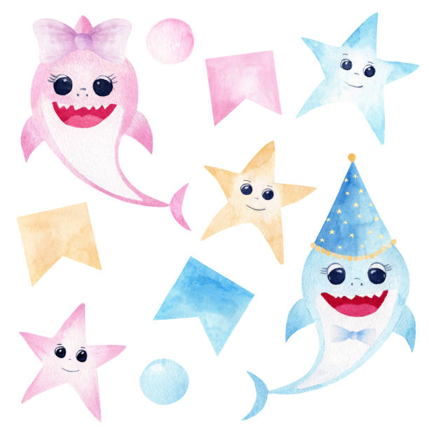 Baby shark watercolor clipart. Pink and blue smiling sharks, colorful starfishes and party decorations. Baby shark watercolor clipart. Pink and blue smiling sharks, colorful starfishes and party decorations isolated on white background. Perfect for baby shower, nursery art, invitations, greeting cards. printable of fish drawing stock illustrations