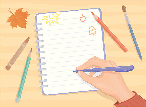 Back to school "Vector background with a writing or drawing hand. All elements are individual objects, grouped separately. You can place the pencil or the paintbrush in the hand instead of the pen." sketch pad stock illustrations