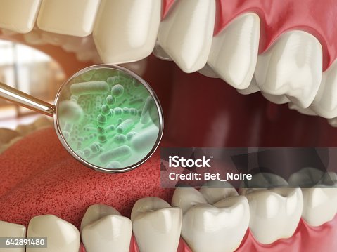 istock Bacterias and viruses around tooth. Dental hygiene medical concept. 642891480