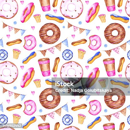 istock Bakery seamless pattern on a white background. Donuts, cupcakes, coffee cups, eclairs, and garlands on an endless print. Watercolor doughnut illustrations. Dessert wallpaper. Birthday backdrop. 1414902442