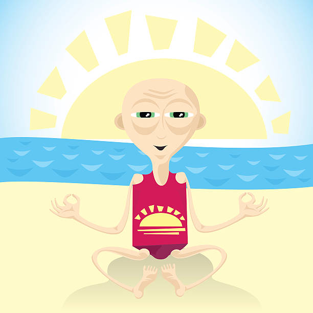 ilustrações de stock, clip art, desenhos animados e ícones de pessoa careca meditates na praia - bald beach