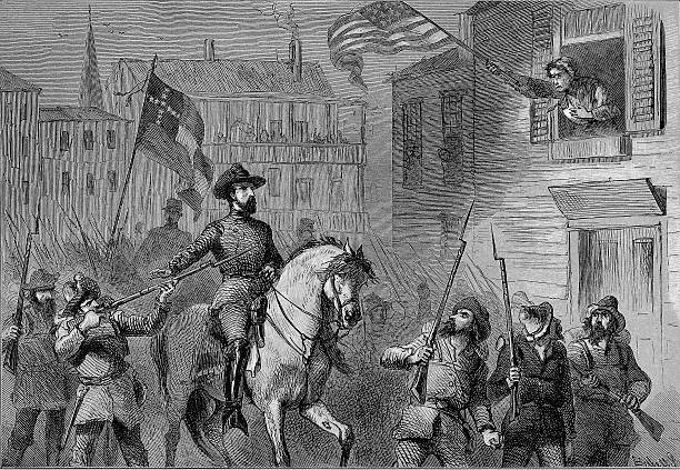 Barbara Frietchie's Defiance -  General Stonewall Jackson Civil War 19th Century steel engraving of Barbara Frietchie's Defiance of rebel troops.  She waved the Union flag when Stonewall Jackson and his troops were passing through Frederick, Maryland. This print was published in 1878 in the book stonewall jackson stock illustrations
