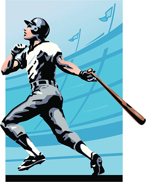 Baseball player at bat "Graphic illustration of a baseball player just after hitting the ball. Layer in file make it easy to adjust the color of uniform, skin tone or stadium." home run stock illustrations