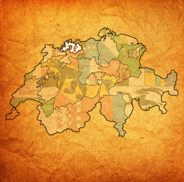 Basel-Landschaft flag on map of administrative divisions of Switzerland flag and territory of Basel-Landschaft canton on map of administrative divisions of switzerland basel landschaft canton stock illustrations