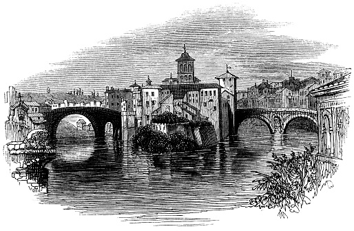 Basilica of St. Bartholomew on the Island at Tiber Island in Rome, Italy from the Works of William Shakespeare. Vintage etching circa mid 19th century.