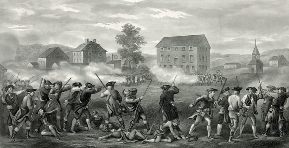 Vintage illustration features the Battle of Lexington and Concord, the first military engagements of the American Revolutionary War. The battles were fought on April 19, 1775 within the towns of Lexington, Concord, Lincoln, Menotomy (present-day Arlington), and Cambridge. They marked the outbreak of armed conflict between Great Britain and its thirteen colonies in America.
