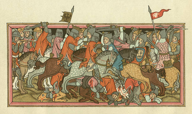 Battle of Mühldorf, on September 28, 1322, lithograph, published 1880 Fight scene from the Battle of Mühldorf (also Battle of Ampfing) on September 28, 1322. Miniature from the magnificent manuscript of William of Oranje. The pictures of this knightly epic include the most authentic and most beautiful works of medieval miniature painting and give clothes, weapons, etc. a true picture of this time. Published in 1334 by order of Henry II, Landgrave of Hesse (1302 – 1376), preserved in the Hesse State Library of Kassel (Germany). Replica (lithograph) from an old manuscript, published in 1880. medieval stock illustrations