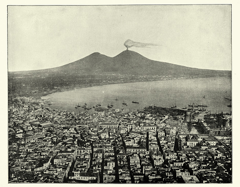 Vintage illustration after a photograph of the Bay of Naples, Mount Vesuvius in the background 1890s, 19th Century