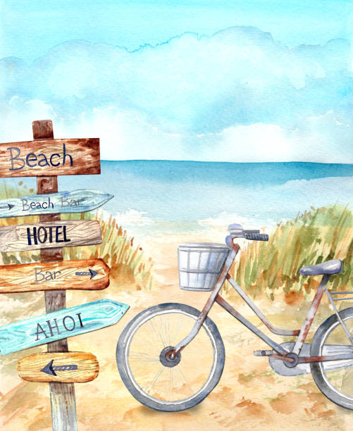 stockillustraties, clipart, cartoons en iconen met strand - fietsen strand