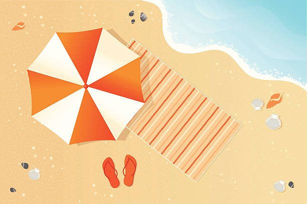 Beach "High angle view of beach with towel, seashells, flip-flop and beach umbrella." beach umbrella stock illustrations