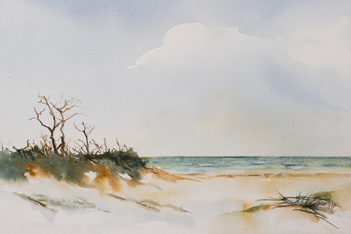 Original watercolour, Stormy Beach Landscape.