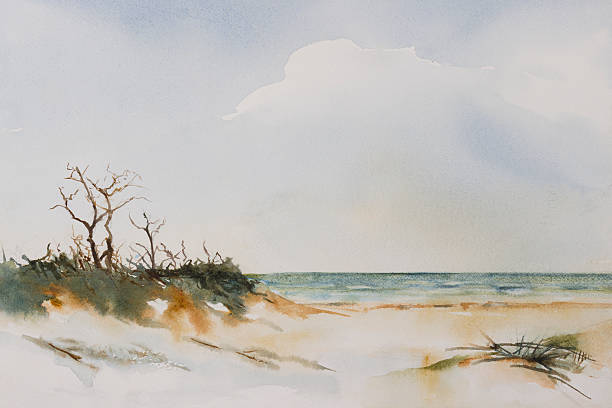 Beach Landscape. Original watercolour, Stormy Beach Landscape. seascape stock illustrations