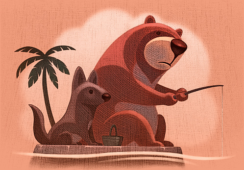 digital painting / raster illustration of bear fishing with wolf on island