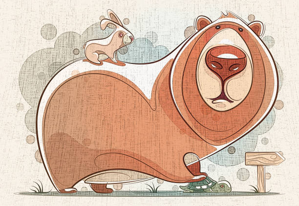 stockillustraties, clipart, cartoons en iconen met bear holding tortoise with rabbit - piggyback funny