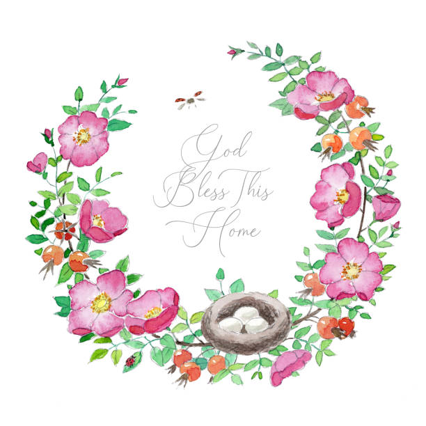 Beautiful elegant vintage watercolor pink rosehip wreath frame with inspiring Bible quote vector art illustration