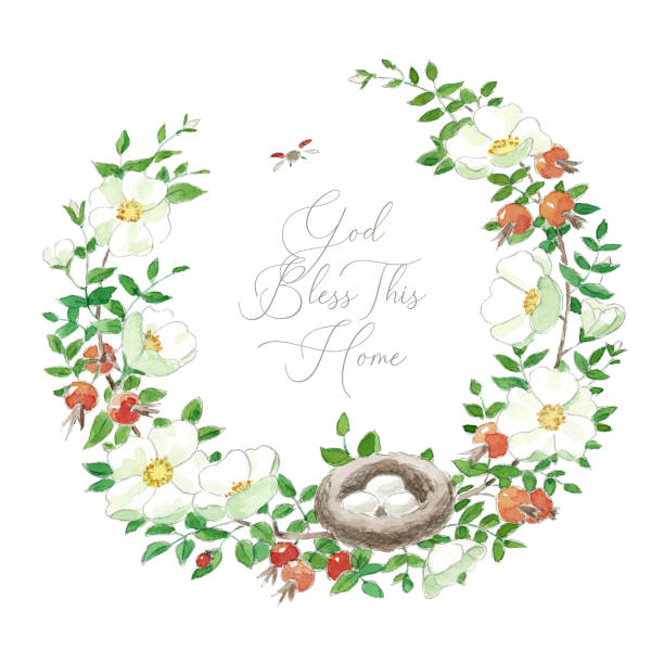 Beautiful elegant vintage watercolor white rosehip wreath frame with inspiring Bible quote vector art illustration