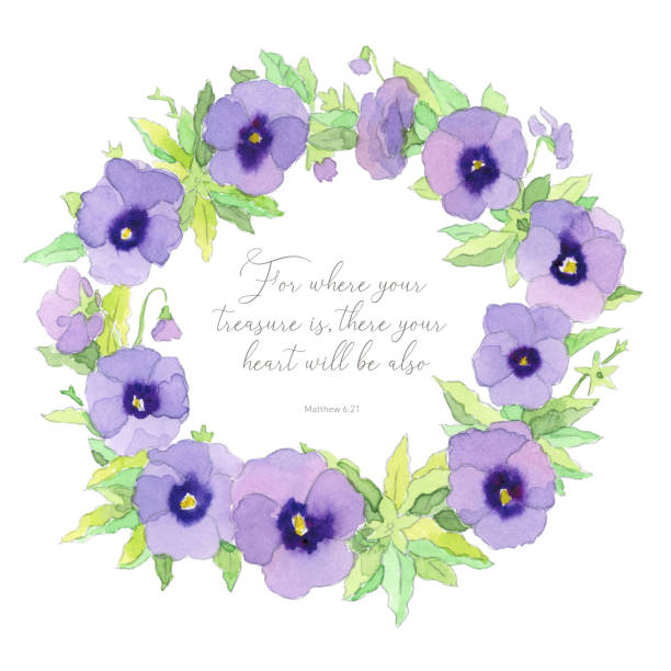 Beautiful elegant watercolor purple garden pansy wreath frame with inspiring Bible quote vector art illustration