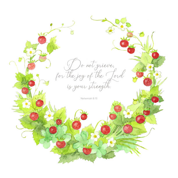 Beautiful elegant watercolor wild strawberry wreath frame with inspiring Bible quote vector art illustration