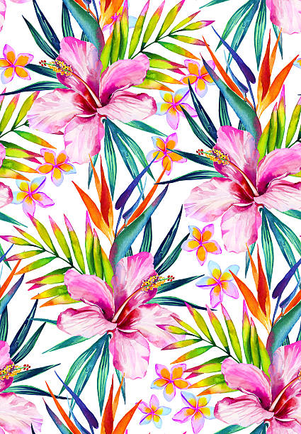beautiful seamless pattern with hibiscus, frangipani and palm leaves. colorful tropical seamless pattern, with hibiscus, frangipani, bird of paradise, palm leaves. Botanical illustrations, hawaiian shirt style, design for fashion or interior. consistent word stock illustrations