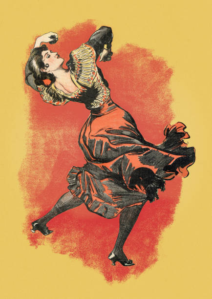 Beautiful spanish woman dancing flamenco en Sevilla art nouveau 1897 vector art illustration