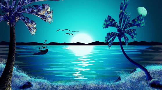 guzel tropikal gun batimi gece gokyuzu deniz manzara duvar kagidi tasarimi stok vektor sanati ada nin daha fazla gorseli istock