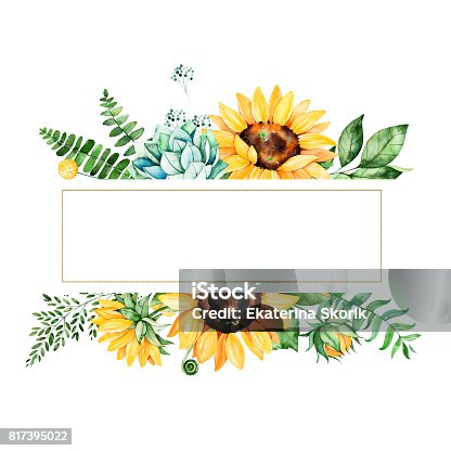 istock Beautiful watercolor frame border with sunflowers 817395022
