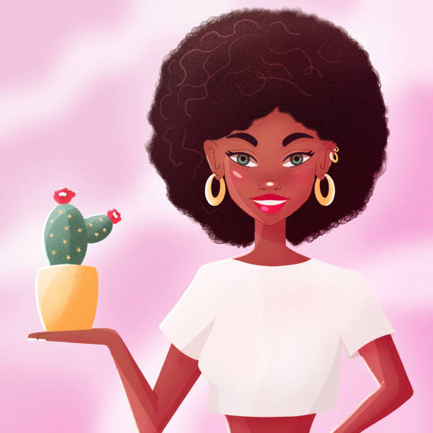 Beautiful young black woman in white shirt holding a cactus. Confident girl with afro hair and gold earrings on pink background. Colorful illustration. vector art illustration