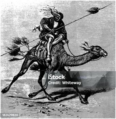 istock Arabian dromedary camel with Bedouin warrior black and white engraving 182429820