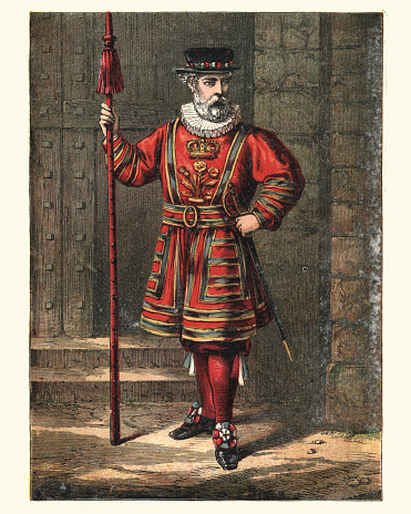 Vintage engraving of Beefeater, Yeomen Warder of the Tower of London, 19th Century. The Yeomen Warders of Her Majesty's Royal Palace and Fortress the Tower of London, and Members of the Sovereign's Body Guard of the Yeoman Guard Extraordinary, popularly known as the Beefeaters, are ceremonial guardians of the Tower of London.