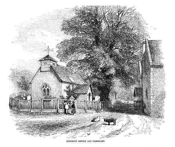 Bemerton church and parsonage England - print from 1864 magazine vector art illustration