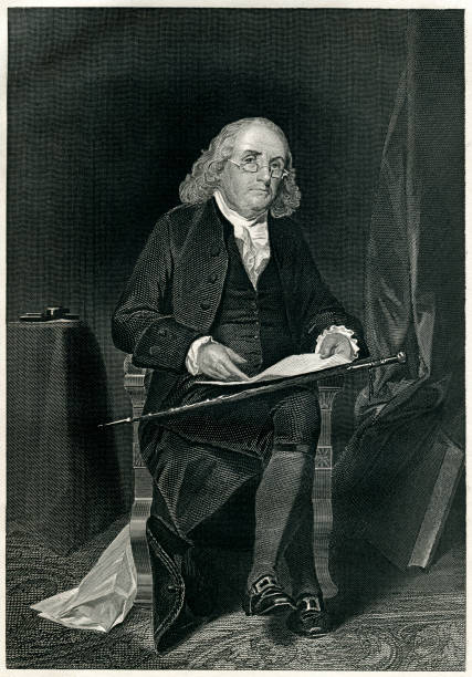 Benjamin Franklin Engraving From 1867  Featuring The American Scientist, Writer, And Politician, Benjamin Franklin.  Franklin Lived From 1706 Until 1790. benjamin franklin stock illustrations