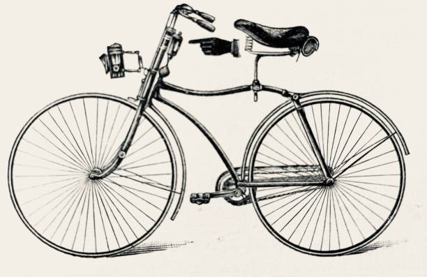 Bicycle with a lubricating oil supply. If you lubricate well, you drive well. In comparison to the dangerous penny farthing bicycle with many serious injuries the newly developed bicycle with evenly low wheels was called safety bicycle. The first bicycle to be called a "safety" was designed by the English engineer Harry John Lawson (Henry Lawson) in 1876, although other bicycles which fit the description had been developed earlier, such as by Thomas Humber in 1868. It is the forerunner of all modern bicycles. Illustration from 19th century. mechanic clipart stock illustrations