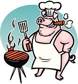 cartoon illustration of a big pig barbecuing