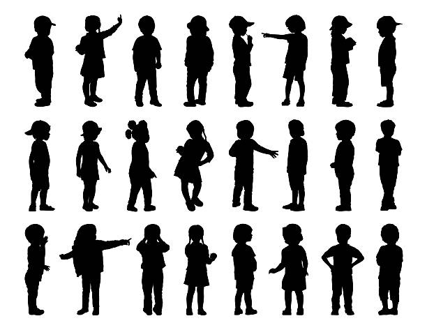 big set of children standing silhouettes 1 silhouettes of children of 2-6 years old standing in different postures, front, back and profile view, summertime candy silhouettes stock illustrations