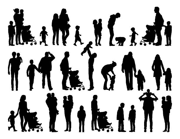 big set of families with young children silhouettes big set of black silhouettes of families with young children in different postures mother silhouettes stock illustrations