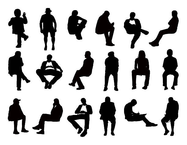 big set of men seated silhouettes big set of black silhouettes of men of different ages seated in different postures reading, speaking, writing, talking on the phone or just watching, front and profile views writing activity silhouettes stock illustrations