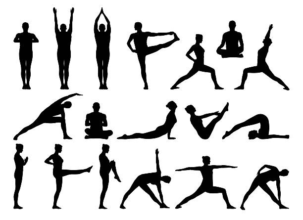 big set of people practicing yoga silhouettes big set of black silhouettes of man and woman practicing yoga in different postures standing and on the floor yoga silhouettes stock illustrations