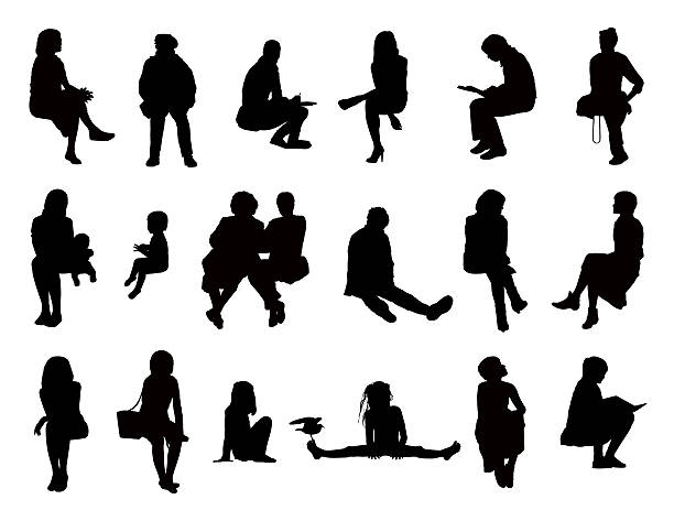 big set of women seated silhouettes big set of black silhouettes of women of different ages seated in different postures reading, speaking, writing, talking on the phone, carrying about their children or just watching, front and profile views writing activity silhouettes stock illustrations