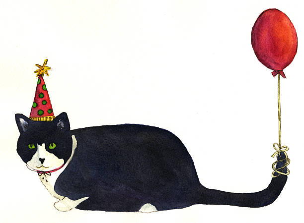 Birthday Boy Watercolor painting of cat in birthday hat with balloon tied to tail. happy birthday cat stock illustrations