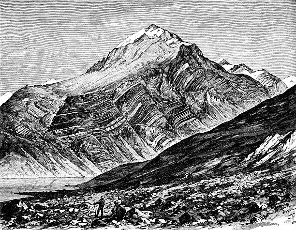 Black and white artist sketch of the mountains  India, Kashmir high country stock illustrations