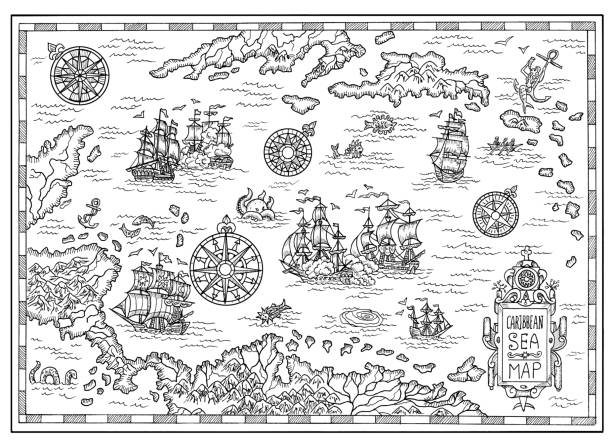 Black and white pirate map of the Caribbean Sea with old ships, islands and fantasy creatures Pirate adventures, treasure hunt and old transportation concept. Hand drawn illustration, vintage background adventure borders stock illustrations