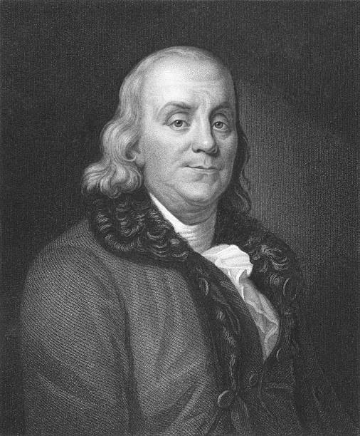 A black and white portrait of Benjamin Franklin Benjamin Franklin on engraving from the 1850s. One of the founders of the United States of America. Engraved by J. Thomson and published in London by Charles Knight, Ludgate Street & Pall Mall East. benjamin franklin stock illustrations