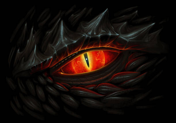 Black dragon fire eye Glowing red eye of black dragon. Digital painting. dragon stock illustrations